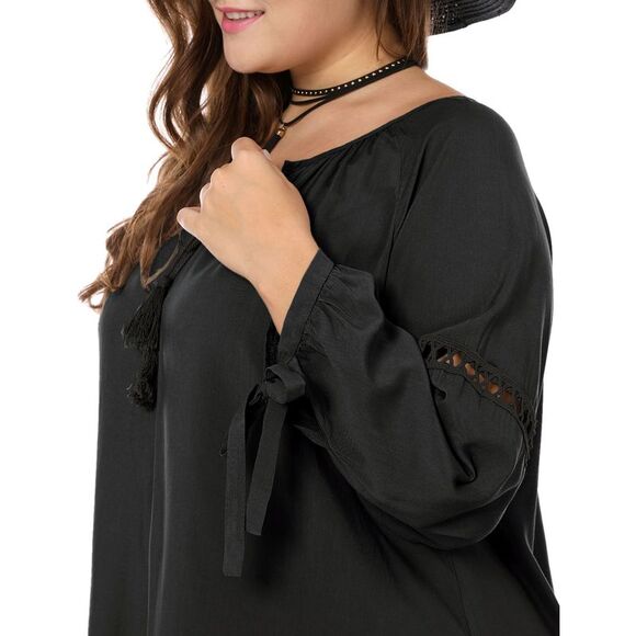 Women's Plus Size Raglan Sleeves Hollow Out Tie Neck Tunic Peasant Tops Black - Picture 6 of 6